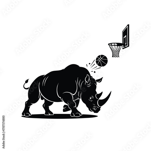 Rhino is Playing Basketball Animal Mascot Horn Slam Dunk Cartoon Sport Character Game