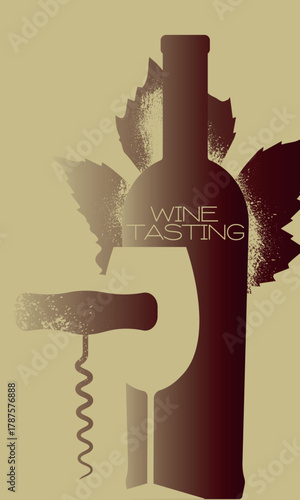 Restaurant poster, wine bar banner, flat design, wine bottle, glass, corkscrew, grape leaf, gradient. Shabby texture, party concept, wine tasting, cabernet, merlot, martini, drinking