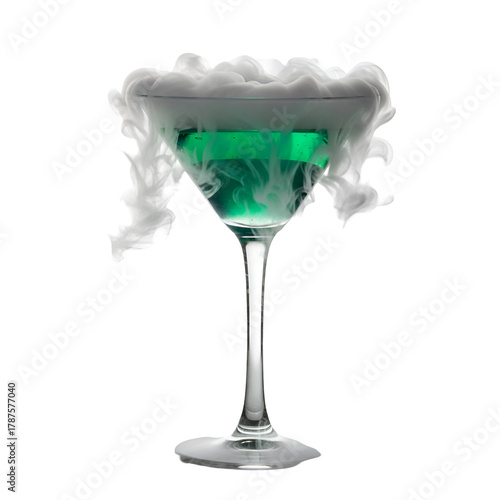 Vibrant green cocktail in a martini glass with overflowing smoke.