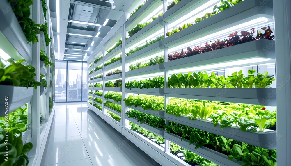 Fototapeta premium Indoor vertical farm showcasing vibrant green lettuce and herbs under bright LED lights in a modern setting