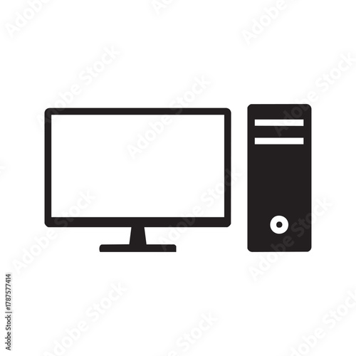 Desktop computer icon with monitor and tower, PC silhouette vector symbol, isolated on white background