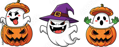 Cartoon Halloween ghost characters with pumpkins, witch hat, spooky expressions, festive illustration for kids, fun seasonal vector design