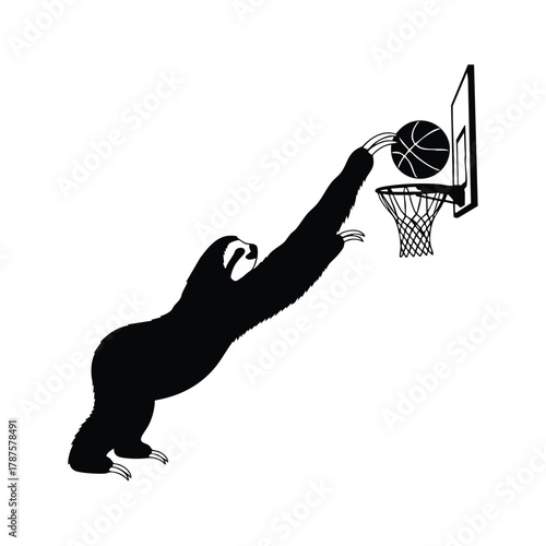 Sloth playing basketball vector illustration dribbling ball toward hoop and making slam dunk shot