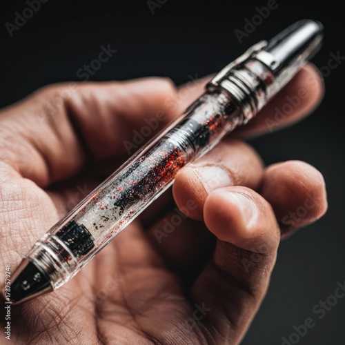 Sparkling Clear Pen Held in Hand with Red Glitter Details Against Dark Background