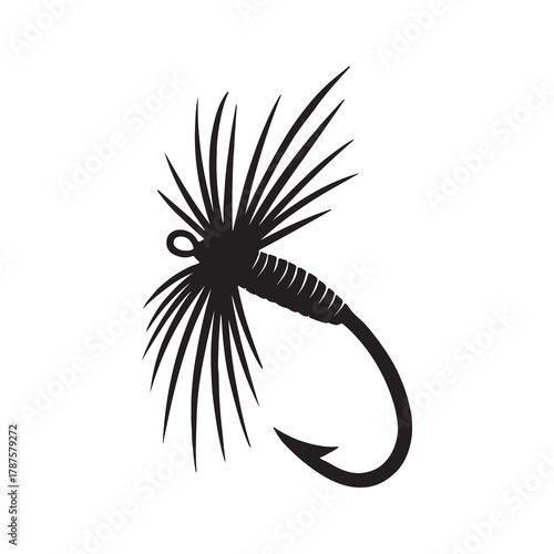 Black silhouette of a dry fly fishing lure with feathery hackle and barbed hook on a white background