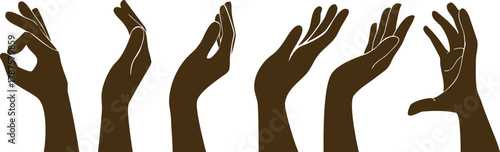 Elegant brown hands in various graceful gesture poses, minimalist vector illustration showcasing diversity, communication, and beauty of human expression in simple modern art style.