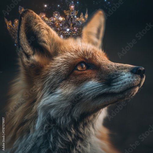 Regal Fox with Sparkling Crown Looking Upward in Dark Enchanted Forest