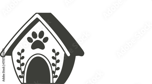 Cute hand drawn dog house with paw print and floral accents