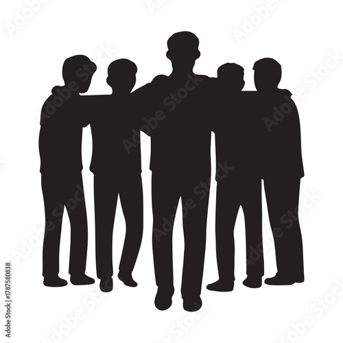 Silhouette of a diverse group of friends standing together with arms around each other in unity and support