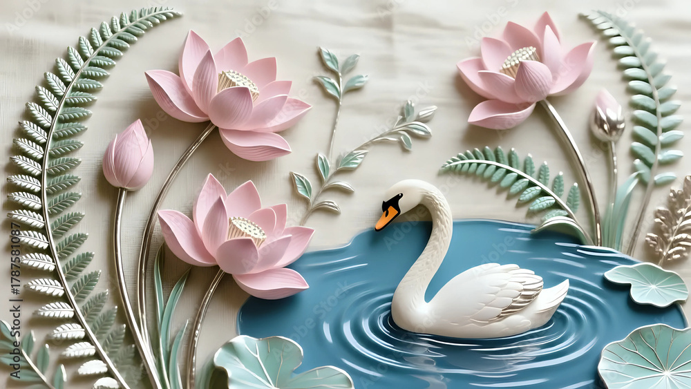 Fototapeta premium Pink and white flower,swan swimming on water