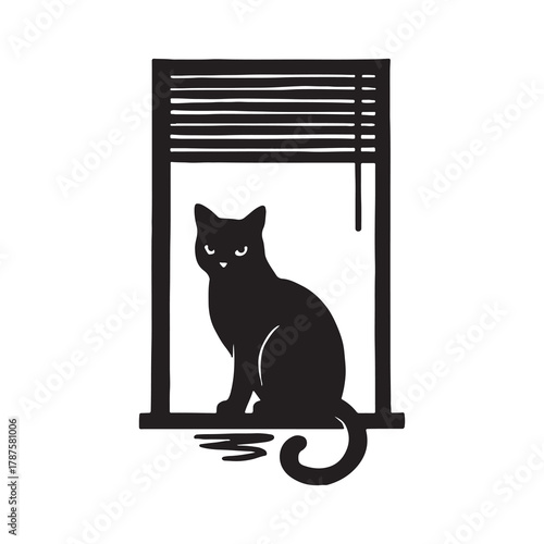 Silhouette of a black cat sitting on a windowsill looking out through blinds in a stylized window frame