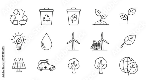Eco-friendly icons illustrating sustainability, renewable energy, and environmental protection for a greener future