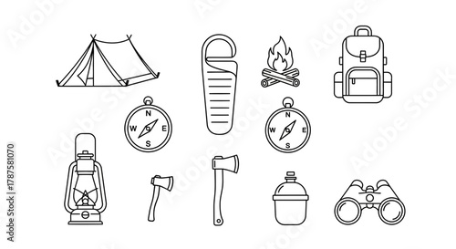 Camping essentials illustrated for outdoor adventures, exploring nature, and wilderness travel, perfect for travel blogs and tourism marketing