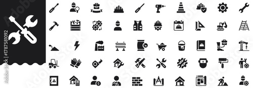 Labor and Construction solid icon set covers tools, workers, safety, maintenance, engineering, industry, building, equipment, helmet, toolbox, hammer, drill Professional vector illustration collection