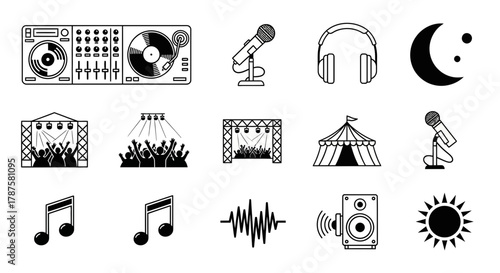 Dynamic music icons representing DJ decks, microphones, headphones, concert stages, and music notes for creative design elements