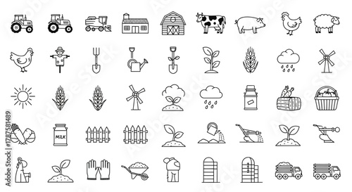 Delightful farm life icons showcasing agriculture, animals, and harvests, perfect for illustrating food production, rural scenes, or educational resources with simple charm