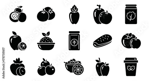 Healthy eating icons for vibrant wellness promotions: Fruits, vegetables, and plant based foods in a modern, clean design for food and health projects