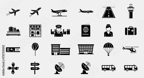 Stunning collection of modern airport and travel icons representing flights, luggage, and transportation for your next project