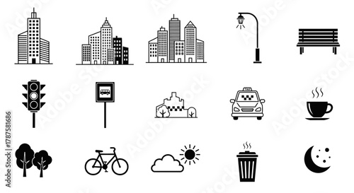 Modern city icons capture urban life, transportation, and daily activities with clean, professional design perfect for websites and presentations.