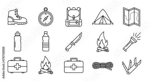 Essential outdoor adventure gear icons for camping hiking and survival including boot compass backpack tent map water bottles knife fire flashlight first aid kit and multi tool for exploration