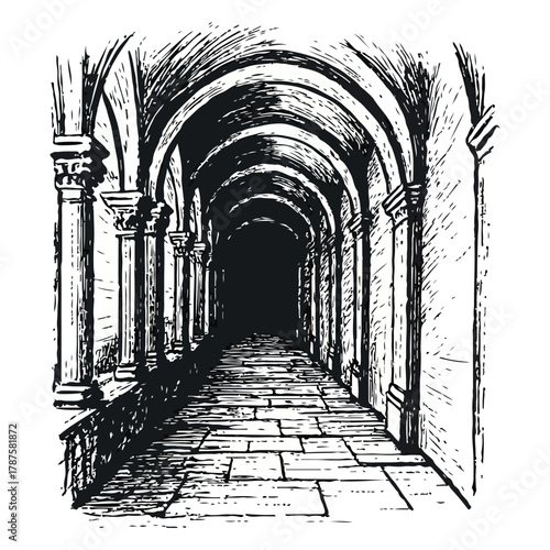 An atmospheric black and white ink drawing of a long dark arched stone corridor with a sense of mystery and history