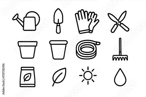 Garden Tools Icons. Garden care tools. Line outline icon set of garden care tools: watering can, trowel,
