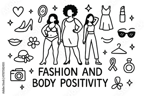 Fashion Doodles Celebration. Fashion and Body Positivity. Hand-drawn doodle illustration of Fashion and Body