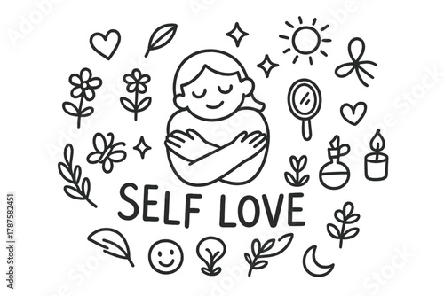 Embrace Self Love. Self Love. Hand-drawn doodle illustration of Self Love. In the middle, one slightly larger