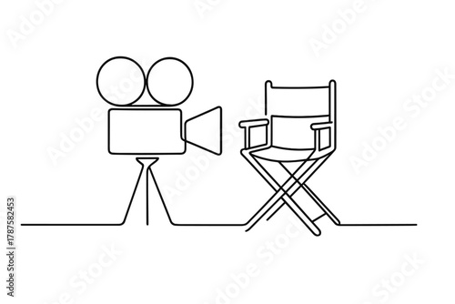 Minimalist Film Iconography. Director’s Vision. Minimalistic one-line drawing film camera aligned with