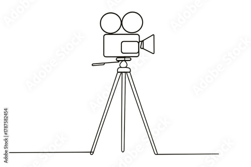 Minimalist Film Camera. Film Camera on Tripod. Minimalistic one-line drawing classic film camera mounted on