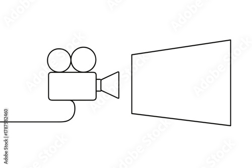 Minimalist Film Camera. Cinematography. Minimalistic one-line drawing film camera pointing toward open scene