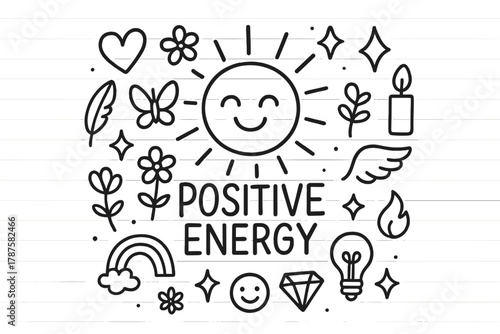 Positive Energy Doodle. Positive Energy. Hand-drawn doodle illustration of Positive Energy. In the middle, one