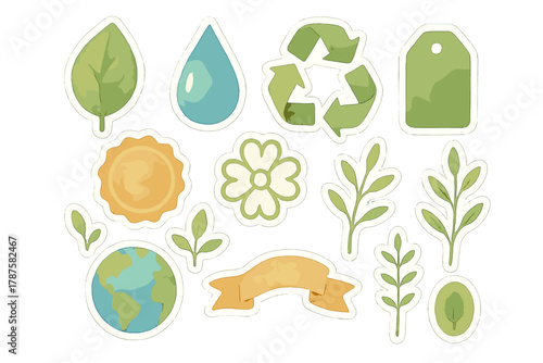 Eco Sticker Sheet. Eco-Friendly Icons. Realistic hand-painted watercolor style sticker sheet of eco-friendly