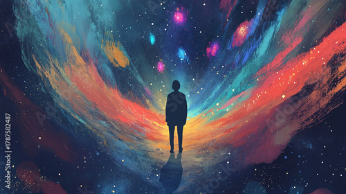 A dreamer's silhouette standing in the center of a swirling galaxy, with thoughts manifesting as colorful constellations and nebulae floating around them
