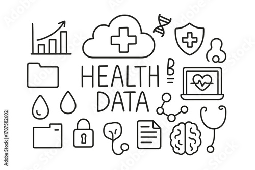 Health Data Doodle. Health Data. Hand-drawn doodle illustration of Health Data. In the middle, one slightly