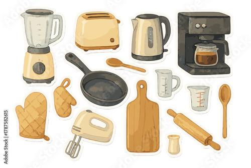 Watercolor Kitchen Stickers. Modern Kitchen. Realistic hand-painted watercolor style sticker sheet of home