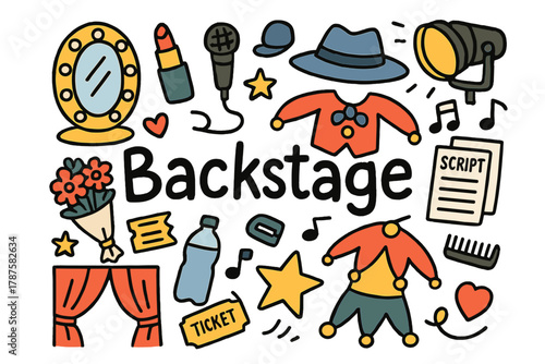 Backstage Doodle Scene. Backstage moments. Hand-drawn doodle illustration of backstage moments. Mirror, makeup