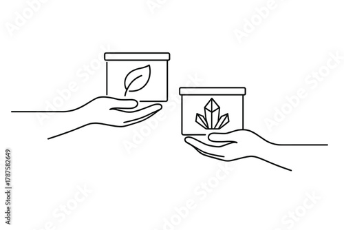Resource Exchange Illustration. Resource Exchange. Minimalistic one-line drawing two hands exchanging crates