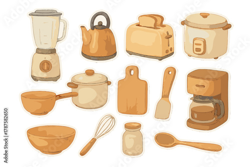 Cozy Kitchen Stickers. Home Kitchen. Realistic hand-painted watercolor style sticker sheet of home kitchen