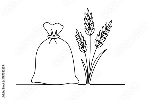 Minimalist Grain Sack. Agricultural Exports. Minimalistic one-line drawing grain sack and wheat stalks ready