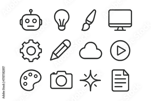 AI Icon Set. AI tools for creators. Line outline icon set of AI tools for creators: robot head, light bulb,