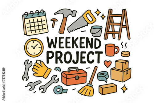 Weekend DIY Doodle. Weekend project. Hand-drawn doodle illustration of a weekend project. Calendar, hammer,