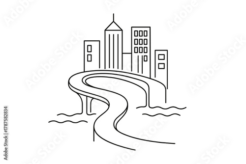 Minimalist Urban Road Design. Urban Adaptation. Minimalistic one-line drawing elevated road winding through