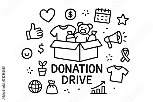 Doodle Donation Drive. Donation Drive. Hand-drawn doodle illustration of Donation Drive. In the middle, one