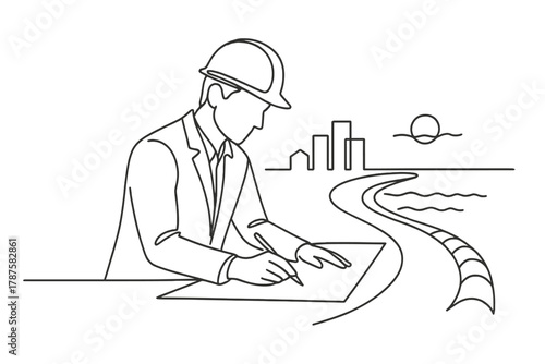 Coastal Resilience Sketch. Sustainable Engineering. Minimalistic one-line drawing architect sketching coastal