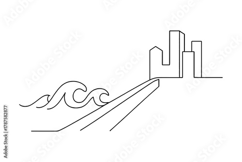 Minimalist Sea Barrier. Sea Walls and Levees. Minimalistic one-line drawing large barrier separating city from