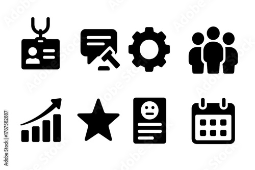Community Management Icons. Community Management. Filled icon set of Community Management: admin badge, chat
