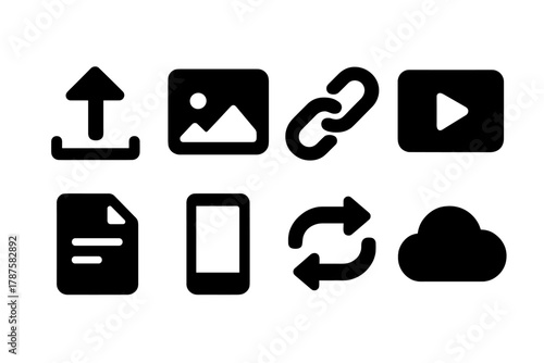 Content Sharing Icons. Content Sharing. Filled icon set of Content Sharing: upload arrow, photo icon, link