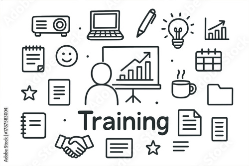 Doodle Training Session. Training. Hand-drawn doodle illustration of Training. In the middle, one slightly