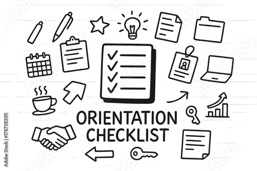 Orientation Checklist Doodle. Orientation Checklist. Hand-drawn doodle illustration of Orientation Checklist.